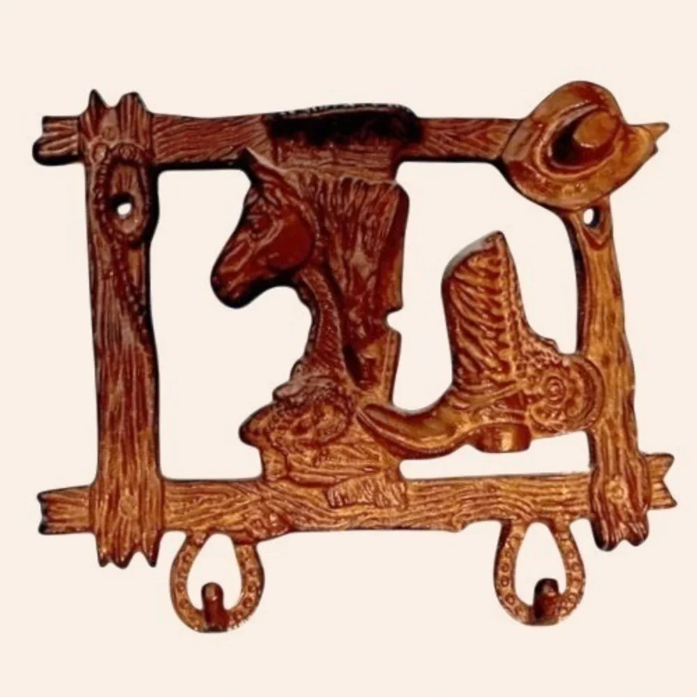 Vintage Cast Iron Horse Cowboy Boot Hat Horseshoe Wall Hook Home Decor Brown 6x4